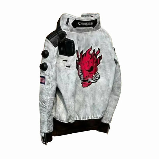 Cyberpunk 2077 White Waxed Leather Jacket – LED Collar, Samurai Embroidery