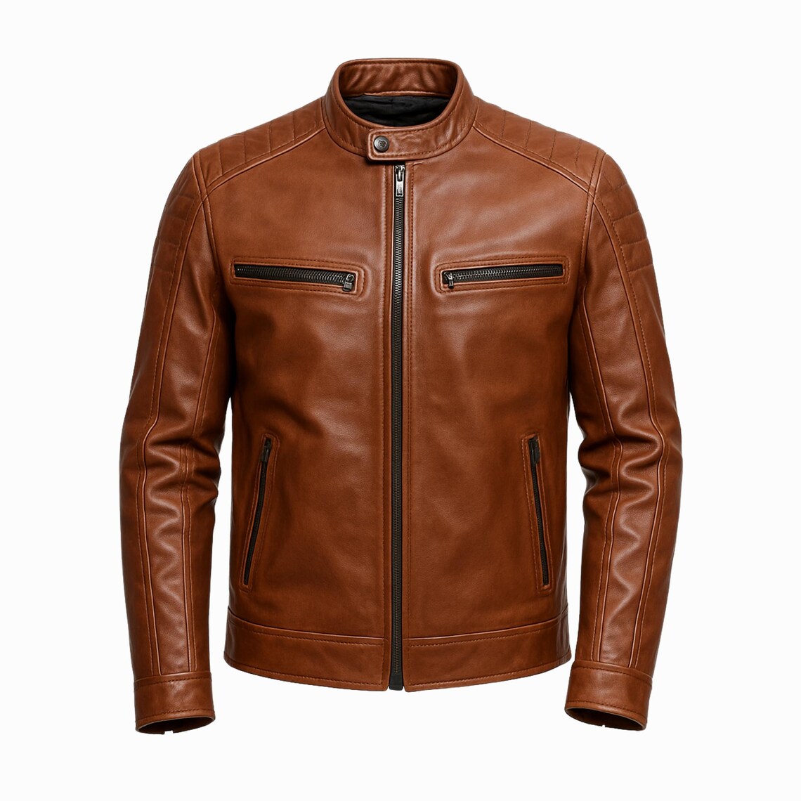 Men's Brown Leather Cafe Racer Jacket – Slim Fit Moto Style