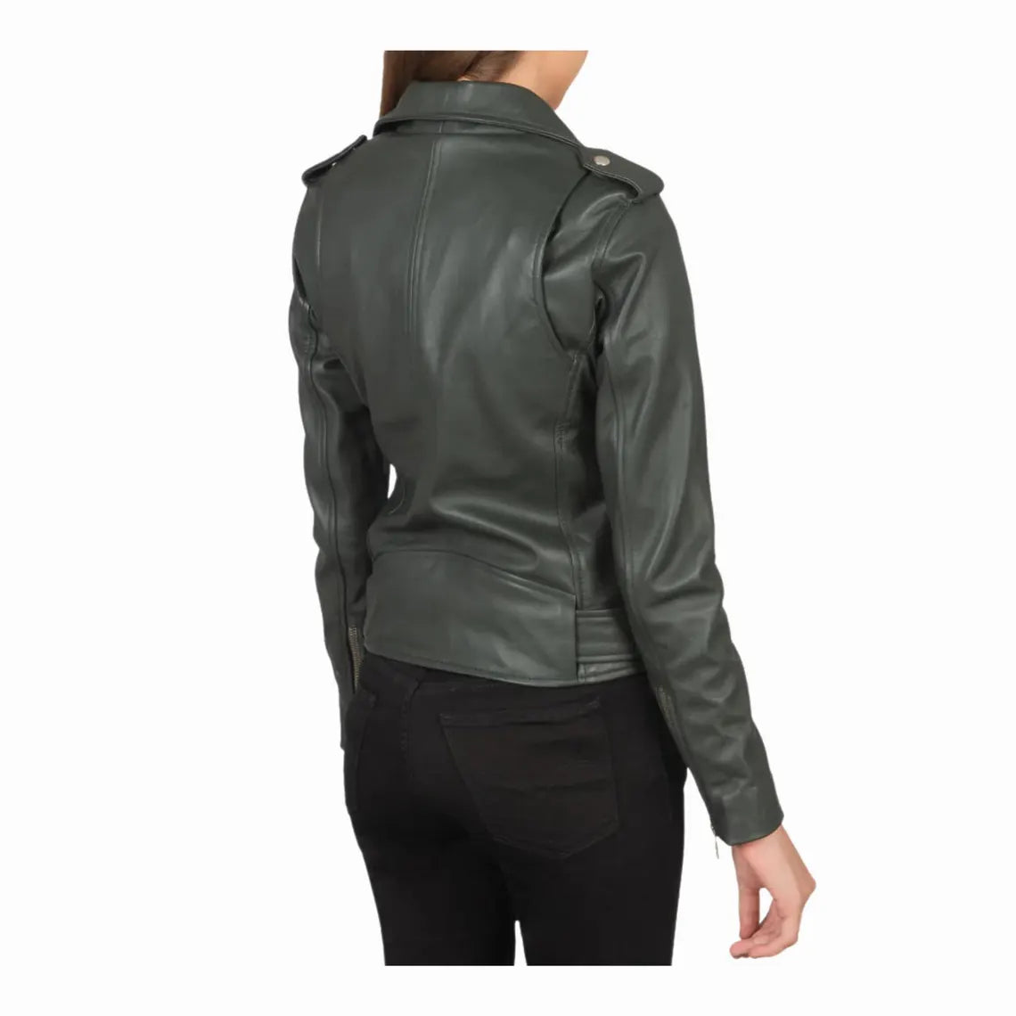 Women's Green Leather Biker Jacket – Moto Style, Custom Sizes