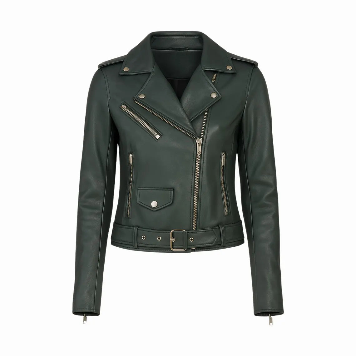 Women's Green Leather Biker Jacket – Moto Style, Custom Sizes