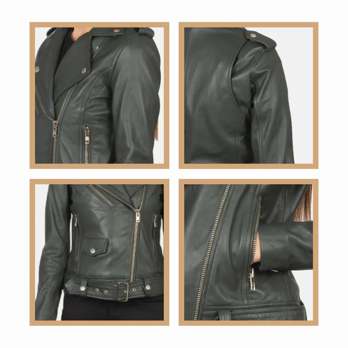 Women's Green Leather Biker Jacket – Moto Style, Custom Sizes