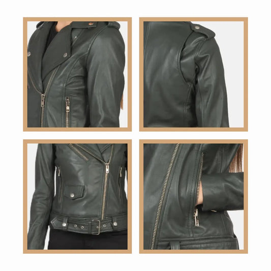 Women's Green Leather Biker Jacket – Moto Style, Custom Sizes