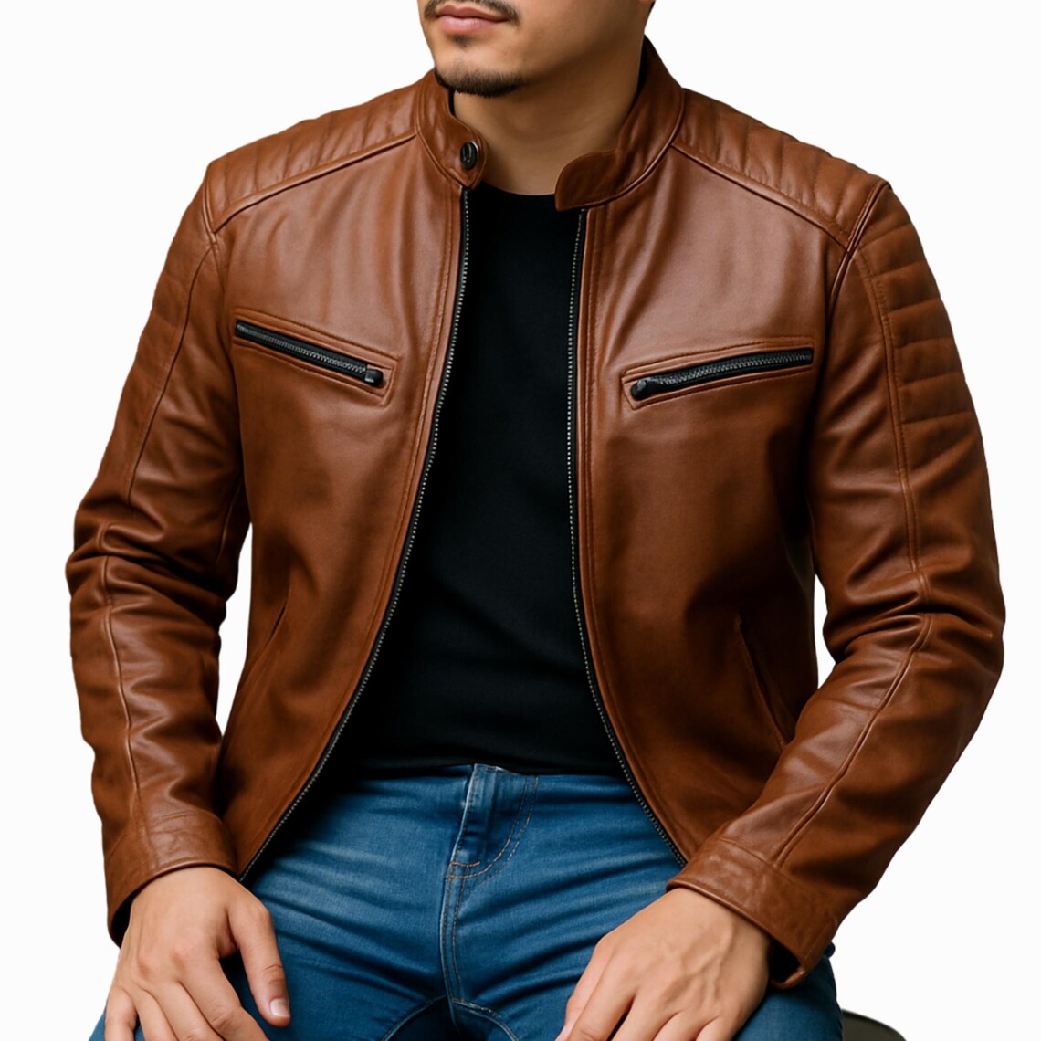 Men's Brown Leather Cafe Racer Jacket – Slim Fit Moto Style