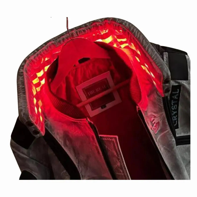 Cyberpunk 2077 White Waxed Leather Jacket – LED Collar, Samurai Embroidery