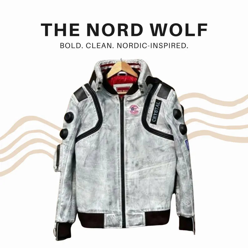 Cyberpunk 2077 White Waxed Leather Jacket – LED Collar, Samurai Embroidery