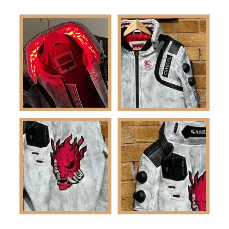 Cyberpunk 2077 White Waxed Leather Jacket – LED Collar, Samurai Embroidery
